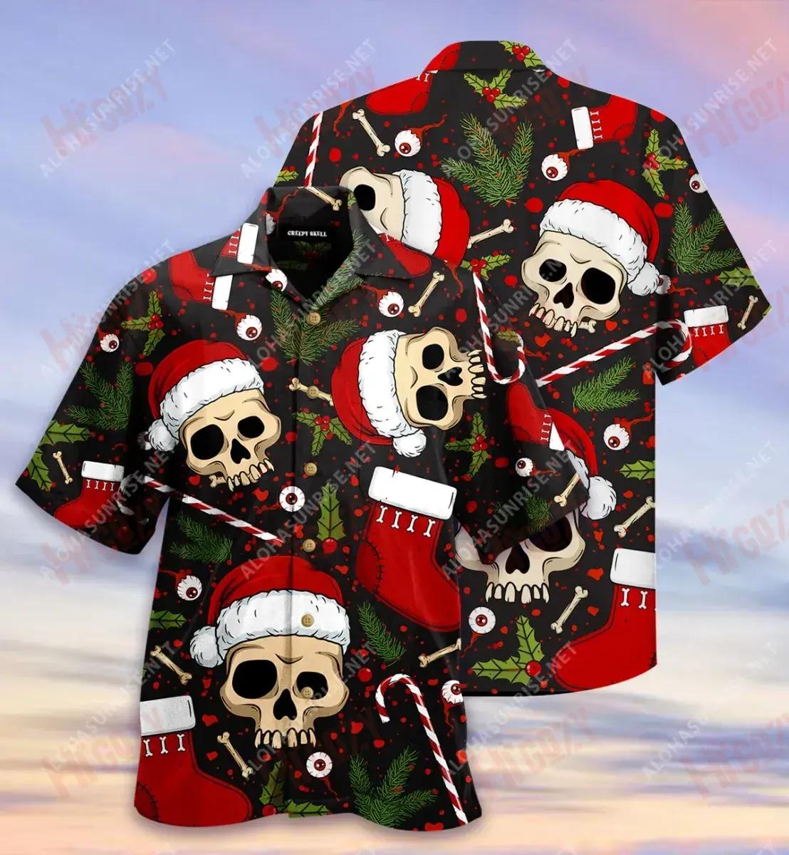 Creepy Skull Xmas Unisex Short Hawaiian Shirt Summer Hawaiian T Shirts Best Hawaiian Shirts Hawaiian Shirt Pattern, Hawaiian Shirt Gift, Christmas Gift