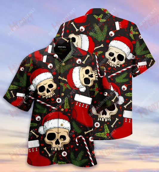 Creepy Skull Xmas Unisex Short Hawaiian Shirt Summer Hawaiian T Shirts Best Hawaiian Shirts Hawaiian Shirt Pattern, Hawaiian Shirt Gift, Christmas Gift