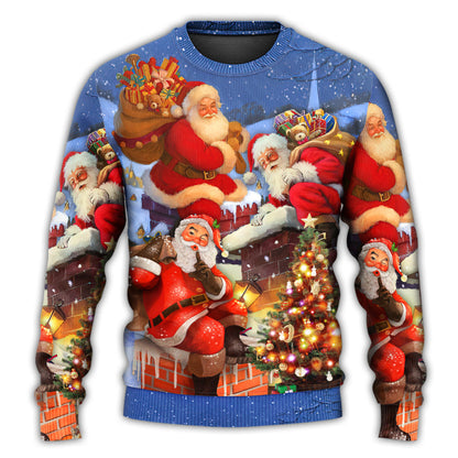 Christmas Up On Rooftop Santa Claus Art Style Ugly Christmas Sweater, Christmas Gift, Gift Christmas 2024