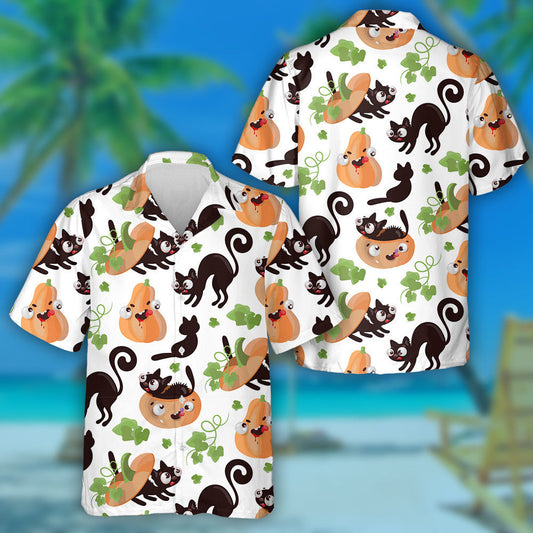 Halloween Cat And Pumpkin With Leaves Hawaiian Shirt, Hawaiian For Gift
