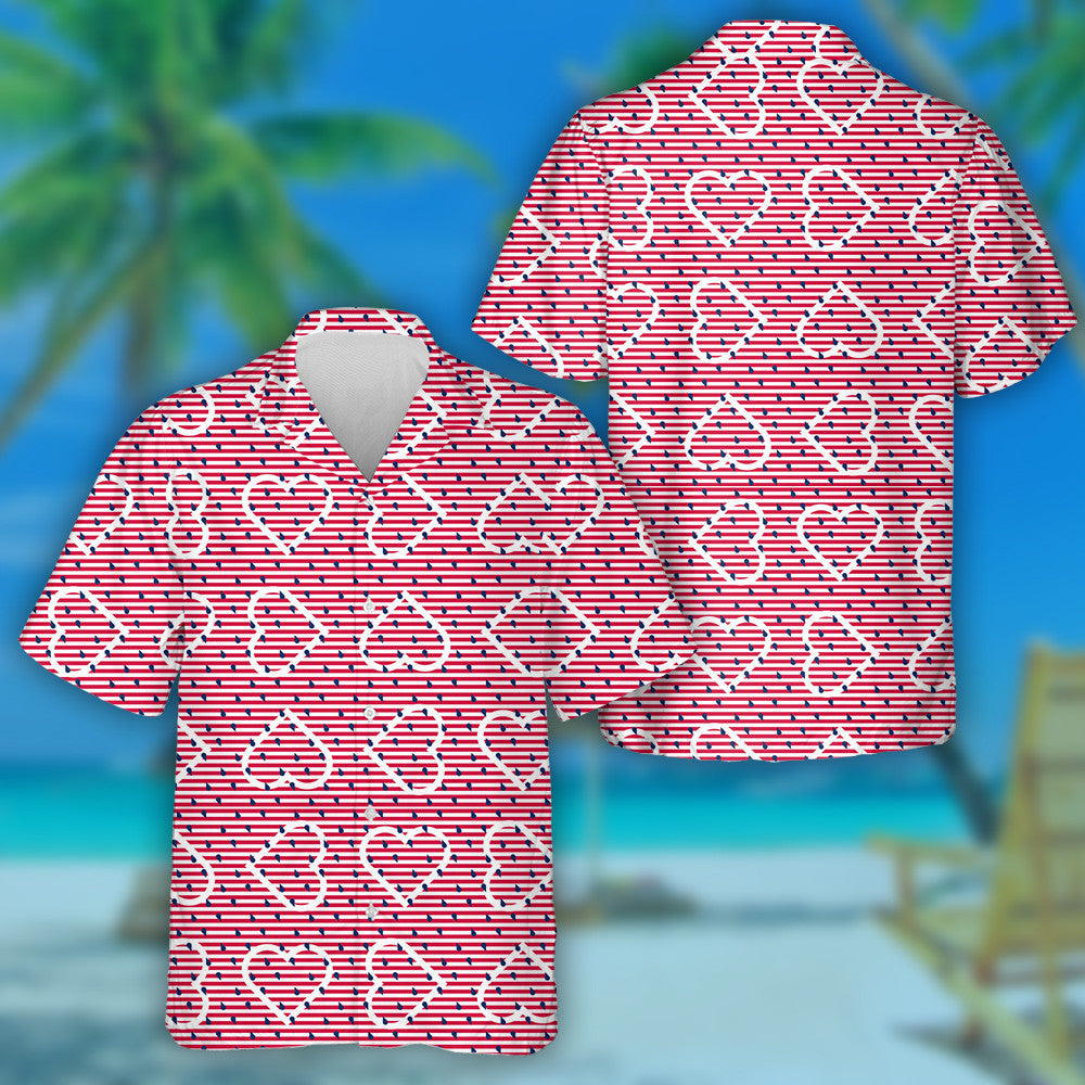 Red And White Striped Pattern With Empty White Hearts Hawaiian Shirt, Hawaiian Shirt Gift, Christmas Gift