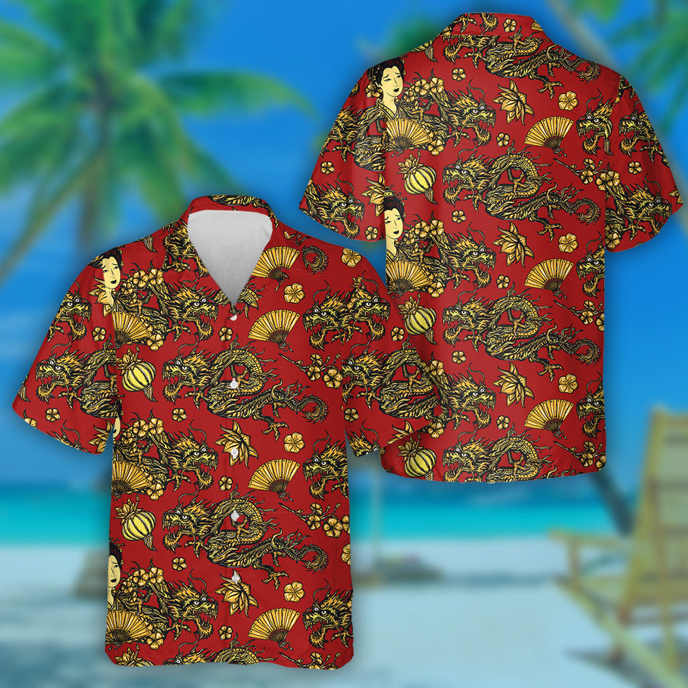 Golden Dragons And hinese Fashion Woman Hawaiian Shirt,Hawaiian Shirt Gift, Christmas Gift