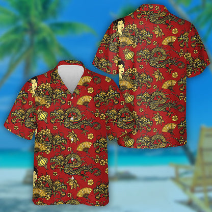 Golden Dragons And hinese Fashion Woman Hawaiian Shirt,Hawaiian Shirt Gift, Christmas Gift