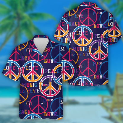Hippie Peace Symbol Cannabis Leaves And Ethnic Ornament Hawaiian Shirt, Hawaiian Shirt Gift, Christmas Gift