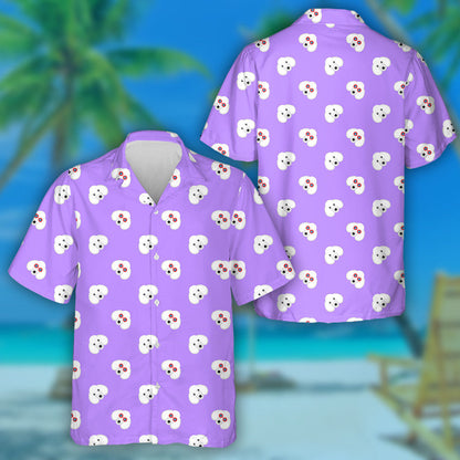 Cartoon Poodle Dog And Bone Icons On Purple Hawaiian Shirt, Hawaiian Shirt Gift, Christmas Gift