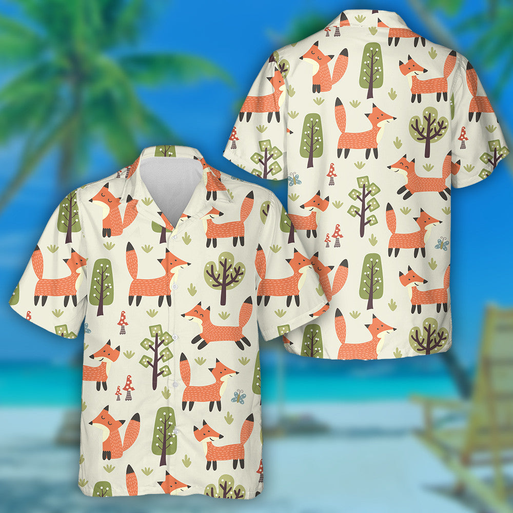 Cute Cartoon Trees Mushrooms And Funny Fox Pattern Hawaiian Shirt, Hawaiian Shirt Gift, Christmas Gift