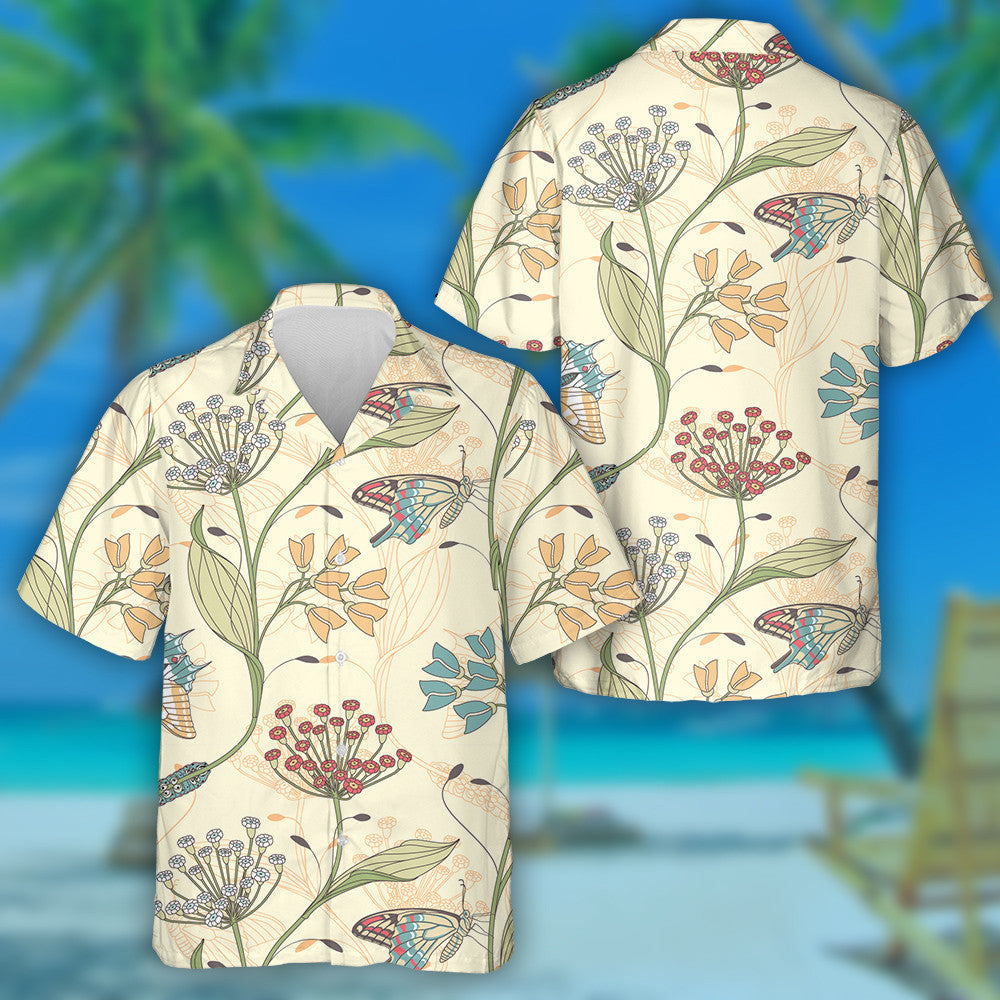 Hand Drawn Butterflies And Flowers On Yellow Background Hawaiian Shirt, Hawaiian Shirt Gift, Christmas Gift