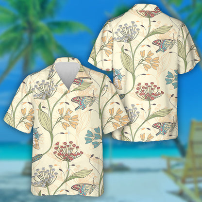 Hand Drawn Butterflies And Flowers On Yellow Background Hawaiian Shirt, Hawaiian Shirt Gift, Christmas Gift
