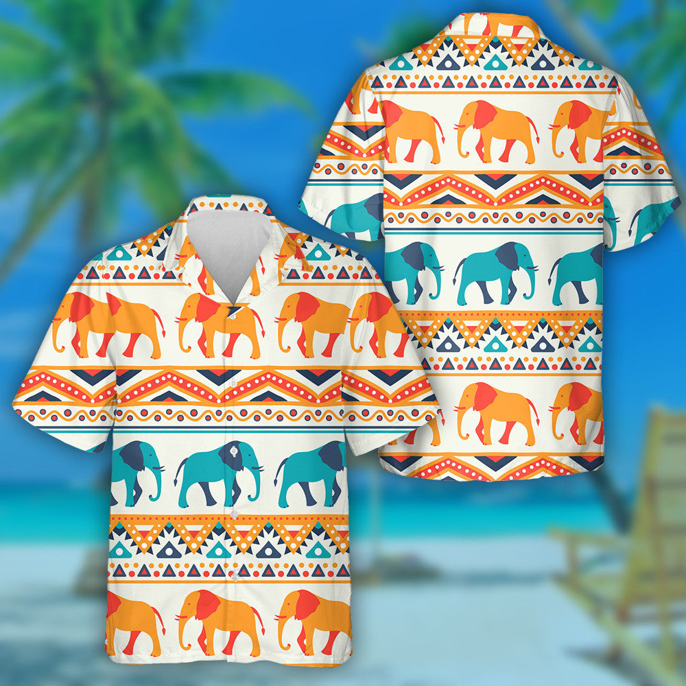 Retro Blue And Orange Elephant With Ethnic Ornaments Hawaiian Shirt, Hawaiian Shirt Gift, Christmas Gift