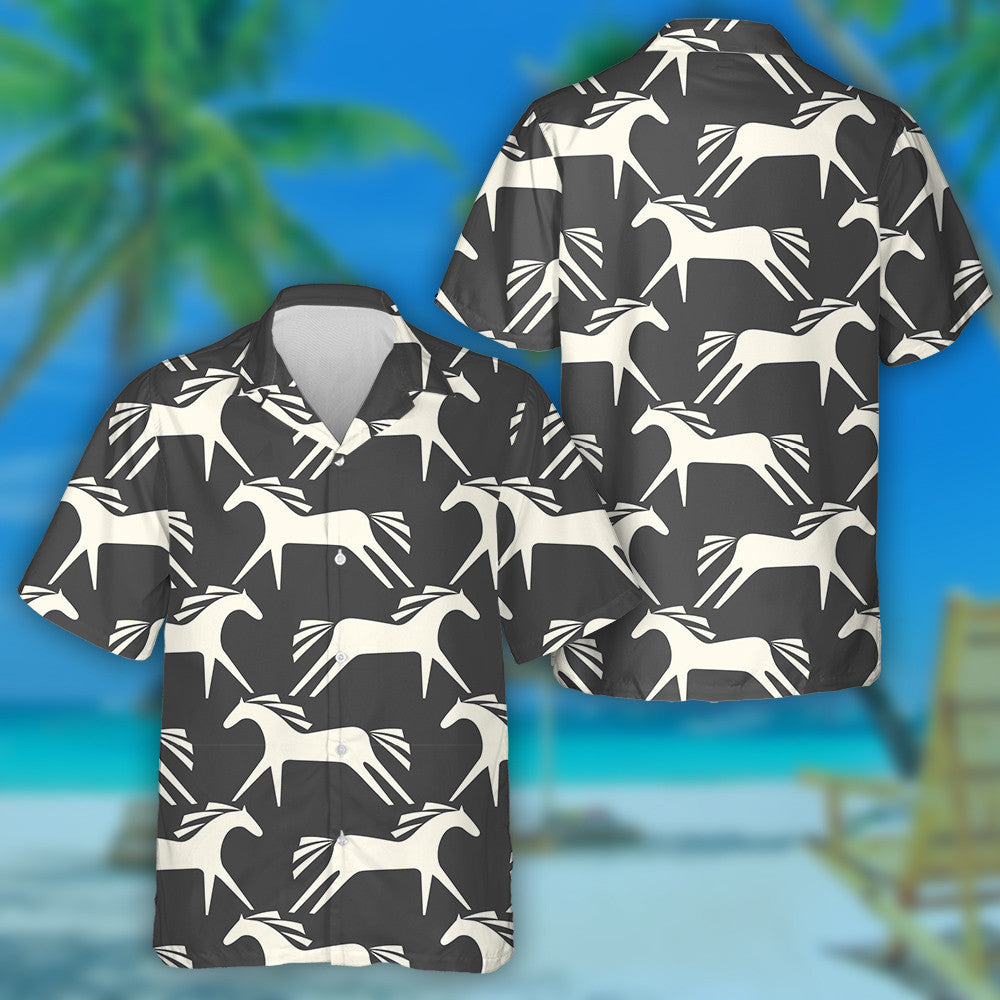 Cartoon White Horses On Black Background Hawaiian Shirt, Hawaiian For Gift