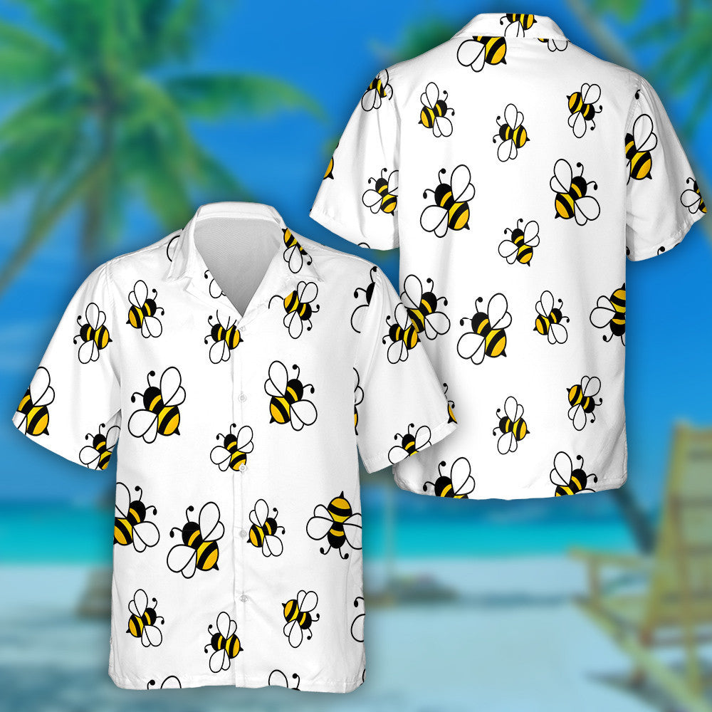 Cartoon Black And Yellow Bees On White Background Hawaiian Shirt, Hawaiian Shirt Gift, Christmas Gift