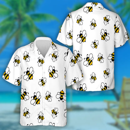 Cartoon Black And Yellow Bees On White Background Hawaiian Shirt, Hawaiian Shirt Gift, Christmas Gift