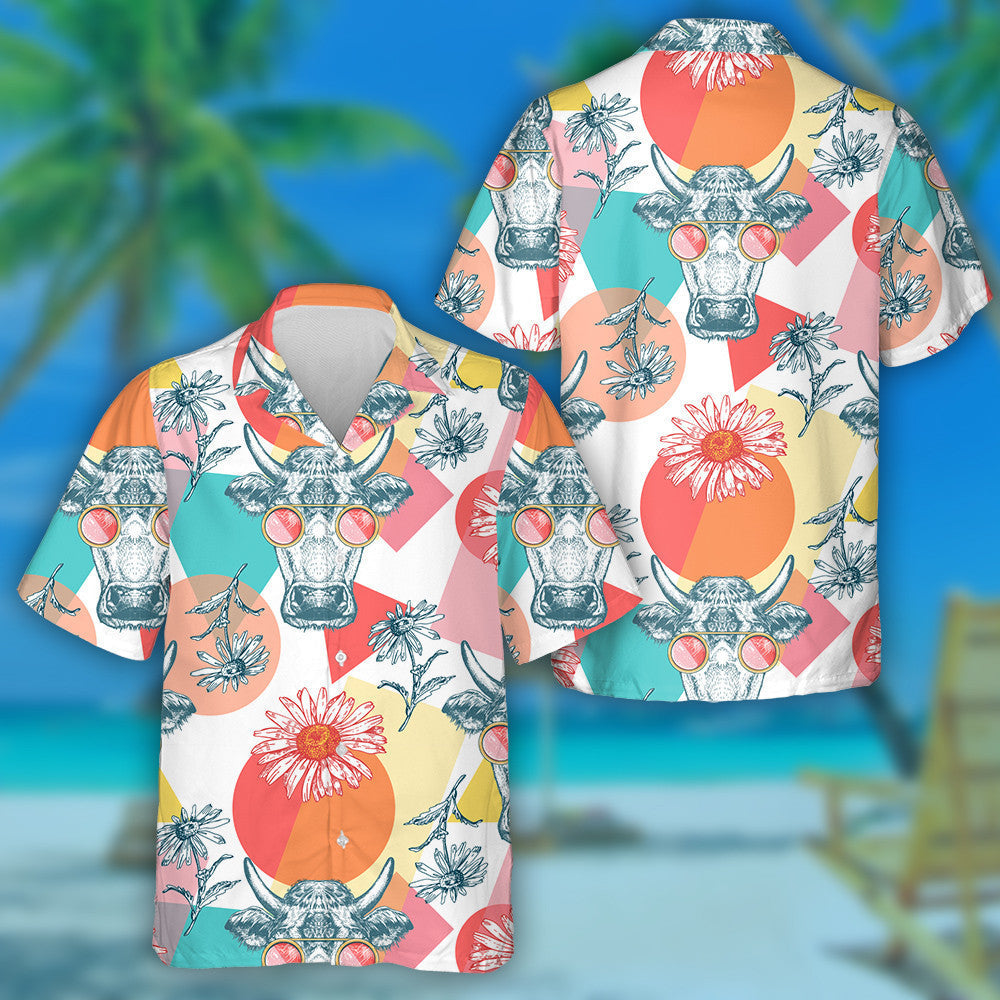 Cartoon Cows Geometric Shapes And Wildflowers Hawaiian Shirt, Hawaiian For Gift