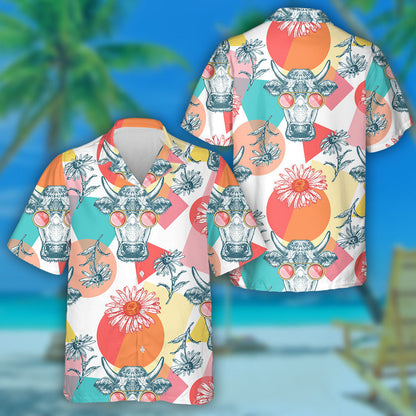 Cartoon Cows Geometric Shapes And Wildflowers Hawaiian Shirt, Hawaiian For Gift