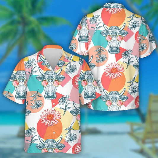 Cartoon Cows Geometric Shapes And Wildflowers Hawaiian Shirt, Hawaiian For Gift