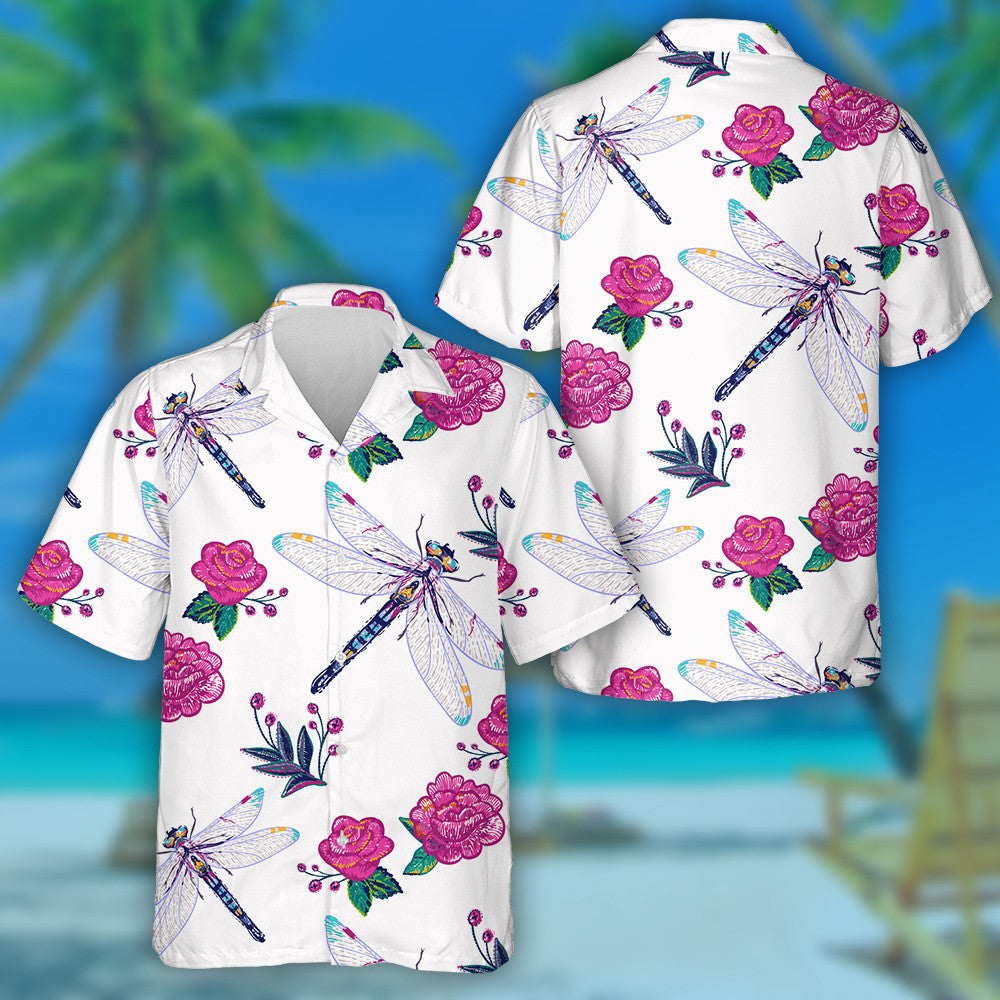 Embroidery Peony Flower And Beautiful Dragonfly Hawaiian Shirt,Hawaiian Shirt Gift, Christmas Gift