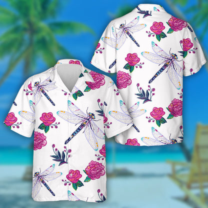 Embroidery Peony Flower And Beautiful Dragonfly Hawaiian Shirt,Hawaiian Shirt Gift, Christmas Gift
