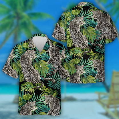 Leopard And Tropical Leaves On Black Background Hawaiian Shirt, Hawaiian Shirt Gift, Christmas Gift