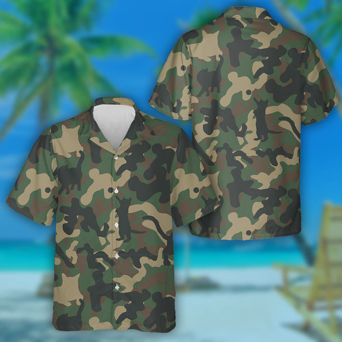 Classic Woodland Camo With Cat Silhouettes Hawaiian Shirt, Hawaiian For Gift