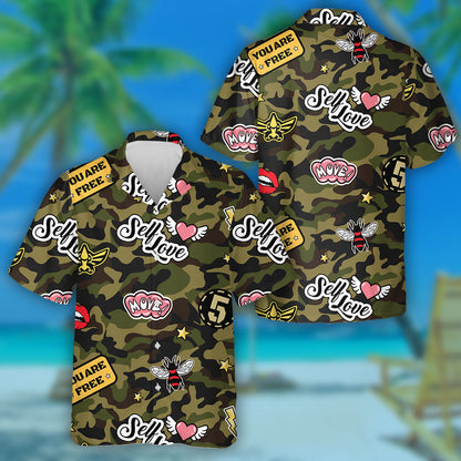 Vintage Inspired Stickers On Green Camo Pattern Hawaiian Shirt, Hawaiian Shirt Gift, Christmas Gift