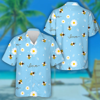 Flying Bees And Daisy Flower On Blue Background Hawaiian Shirt, Hawaiian Shirt Gift, Christmas Gift