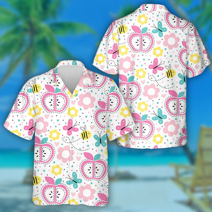 Hand Drawn Pink Apple With Hearts And Butterflies Hawaiian Shirt, Hawaiian Shirt Gift, Christmas Gift