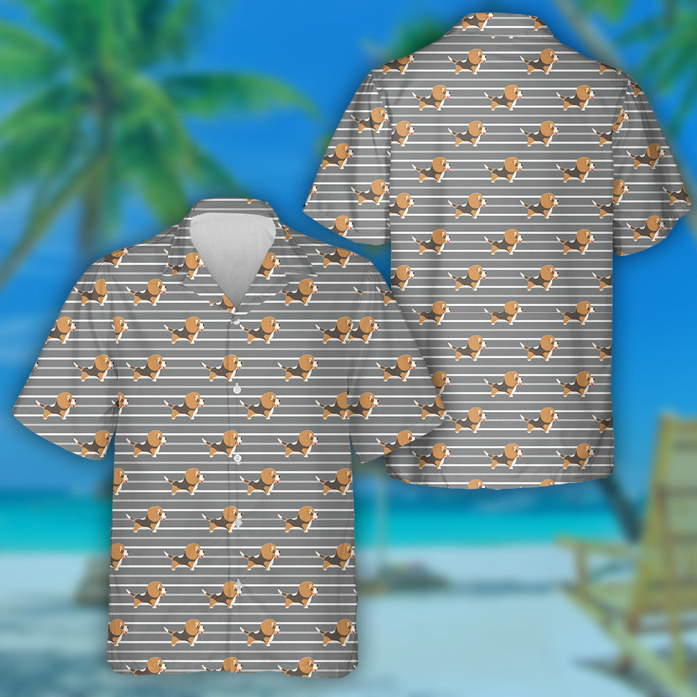 Cute Beagle Dog Repeat On White Striped Hawaiian Shirt, Hawaiian Shirt Gift, Christmas Gift