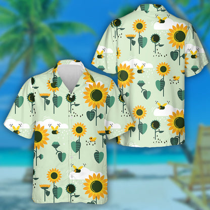 Rainy Day Illustration Of Sunflowers Clouds And Bees Hawaiian Shirt, Hawaiian Shirt Gift, Christmas Gift
