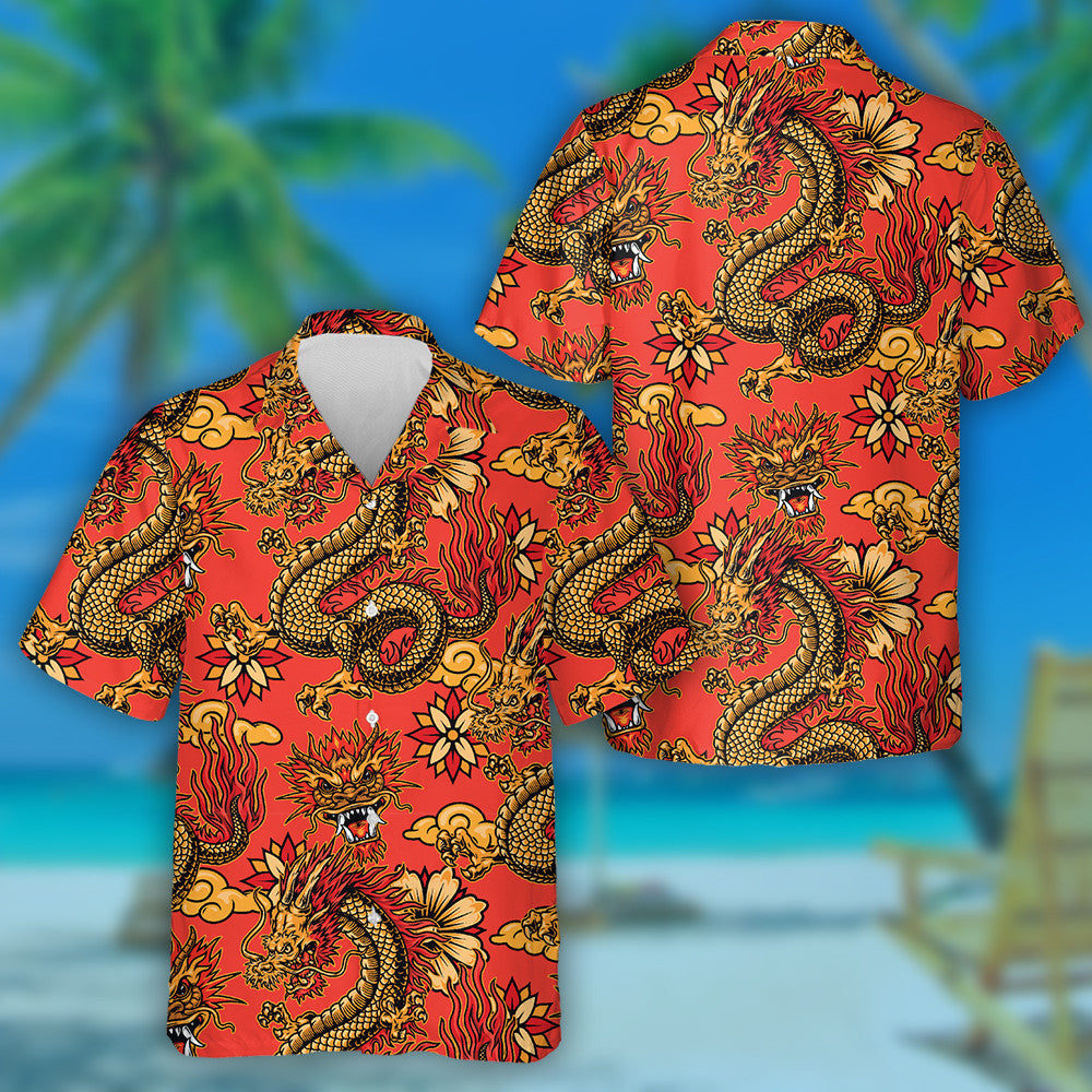Fantasy Dragons Decorative Flowers And Clouds On Red Hawaiian Shirt, Hawaiian Shirt Gift, Christmas Gift