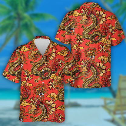 Fantasy Dragons Decorative Flowers And Clouds On Red Hawaiian Shirt, Hawaiian Shirt Gift, Christmas Gift