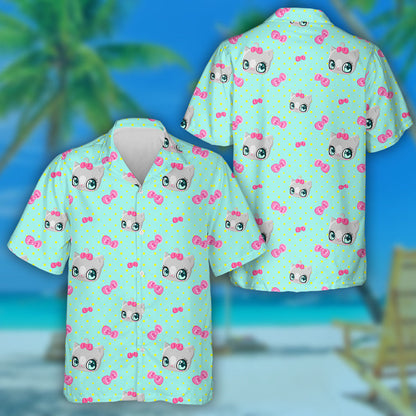 Cats Pink Bows And Stars On A Blue Background Hawaiian Shirt, Hawaiian Shirt Gift, Christmas Gift