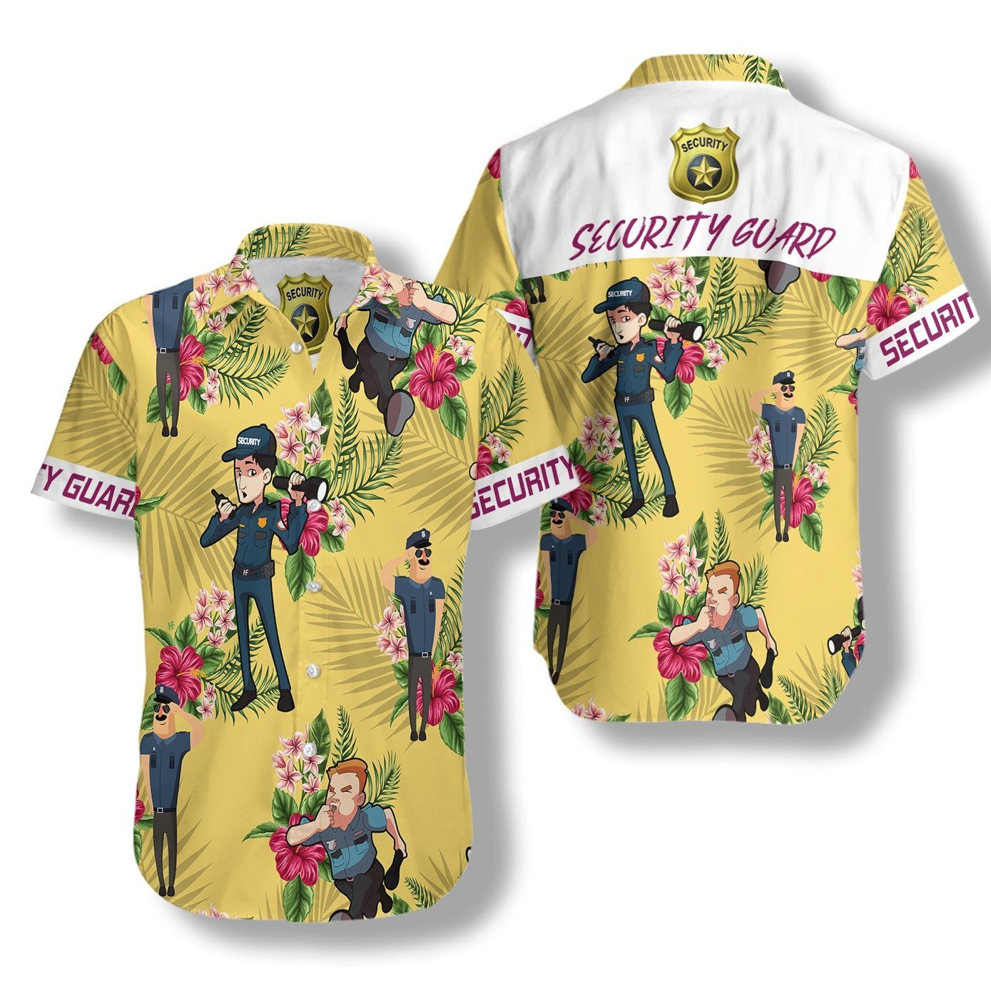 Security Guard Pattern On Yellow Background Design Hawaiian Shirt, Hawaiian Shirt Gift, Christmas Gift