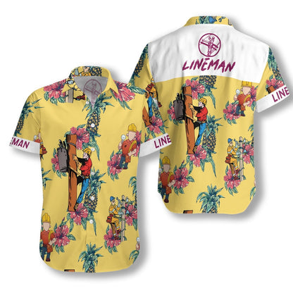 Lineman Pineapple On Yellow Design Hawaiian Shirt, Hawaiian Shirt Gift, Christmas Gift