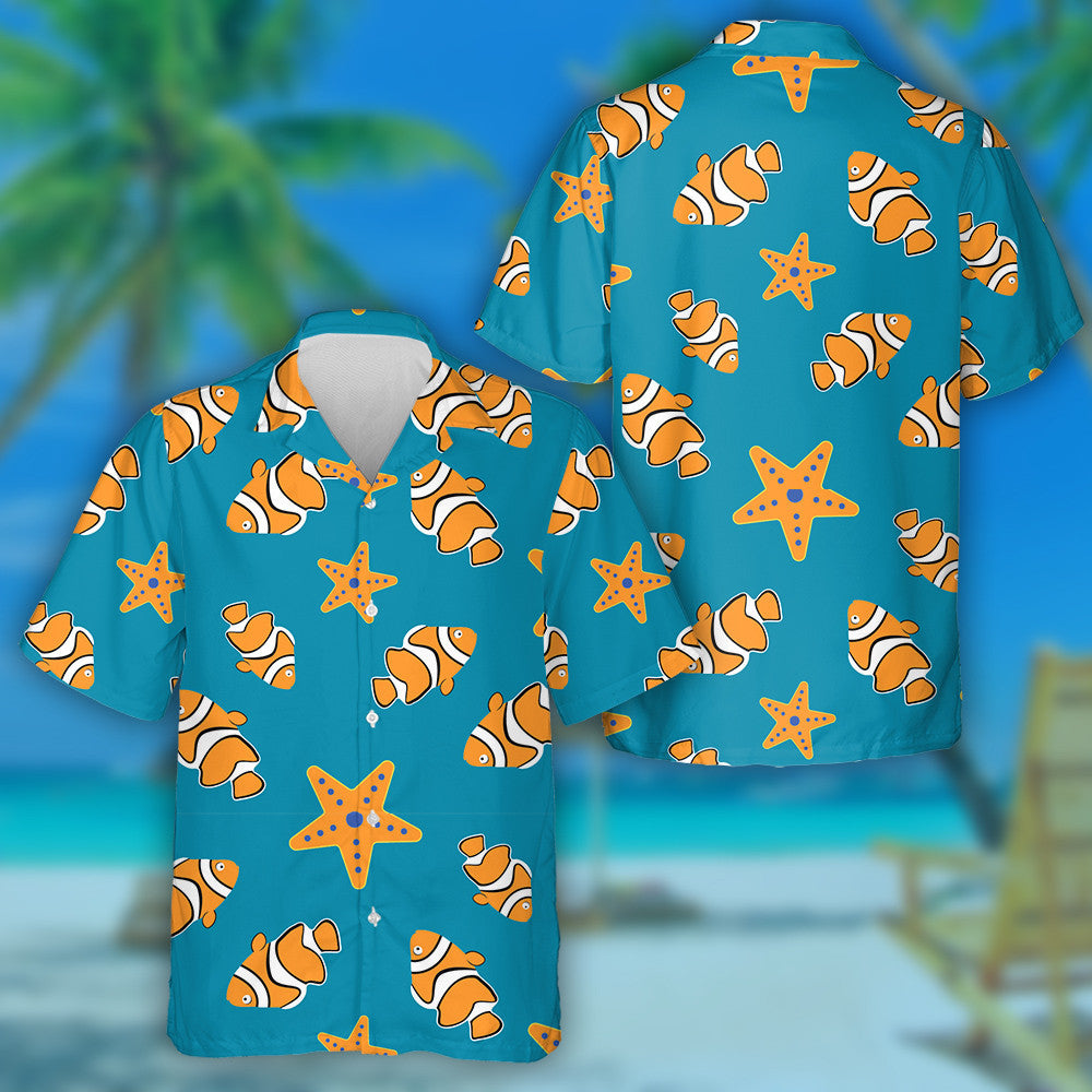 Pretty Orange Fish And Starfish On The Blue Background Hawaiian Shirt, Hawaiian Shirt Gift, Christmas Gift