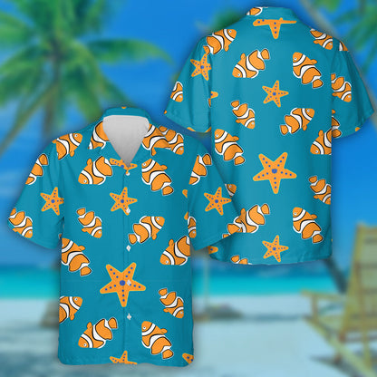 Pretty Orange Fish And Starfish On The Blue Background Hawaiian Shirt, Hawaiian Shirt Gift, Christmas Gift