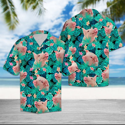 Pig Tropical Plant Gift For Holiday Party Themed Hawaiian Shirt, Hawaiian Shirt Gift, Christmas Gift