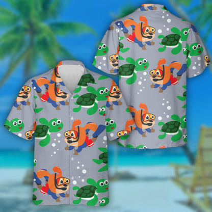 Little Turtle And Little Dog Are Swim In Underwater Hawaiian Shirt, Hawaiian Shirt Gift, Christmas Gift