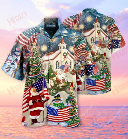 Patriotism American On Christmas Short Short Sleeve Shirt Ocean Hawaiian T Shirts Hawaiian Crazy Shirts Hawaiian Shirts For Women, Hawaiian Shirt Gift, Christmas Gift