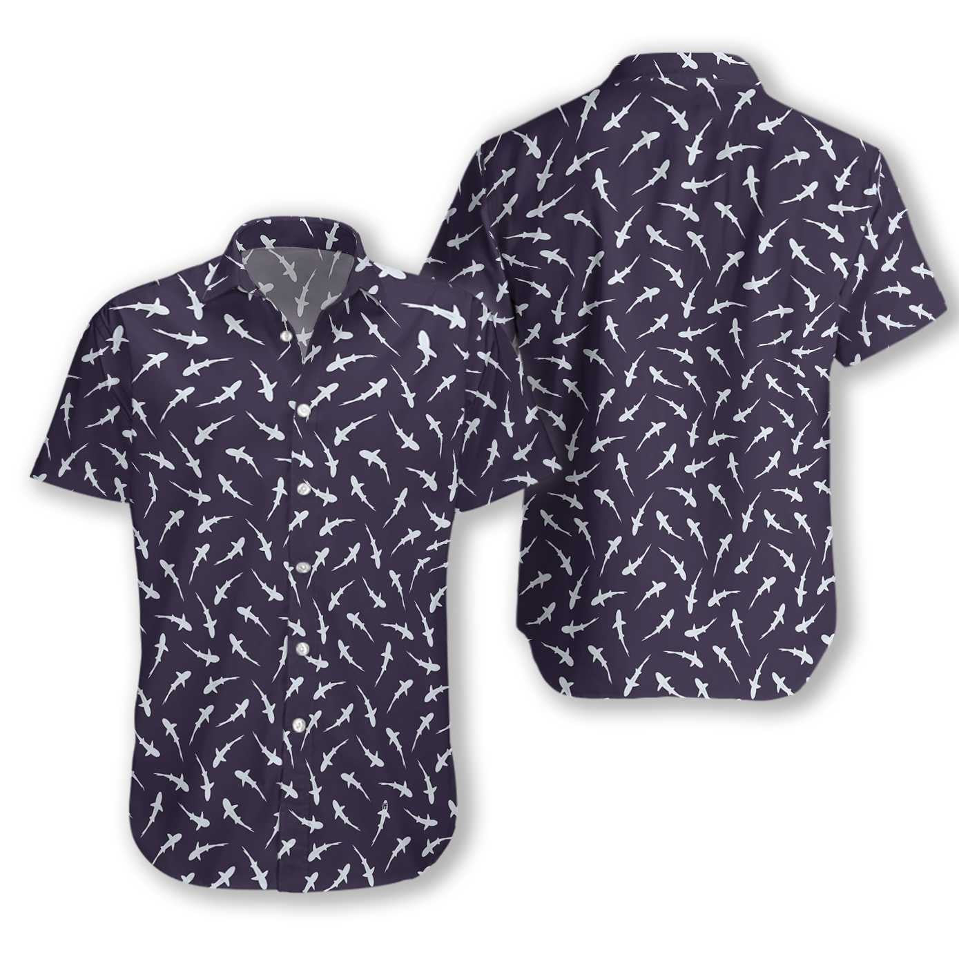 Shark Pattern On Dark Ble Background Hawaiian Shirt,Hawaiian Shirt Gift, Christmas Gift