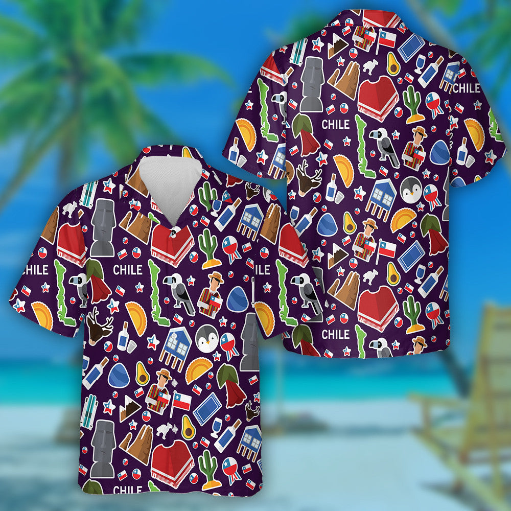 All About Chile Icons Stickers On Dark Background Hawaiian Shirt, Hawaiian Shirt Gift, Christmas Gift