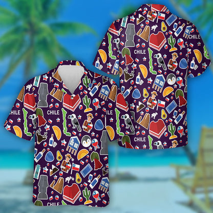 All About Chile Icons Stickers On Dark Background Hawaiian Shirt, Hawaiian Shirt Gift, Christmas Gift