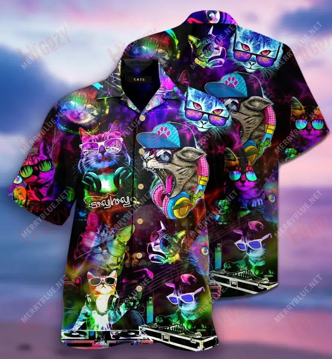 Disco Cats Short Hawaiian Shirt Ocean Aloha Shirt Best Hawaiian Shirts Hawaiian Shirts For Women, Hawaiian Shirt Gift, Christmas Gift