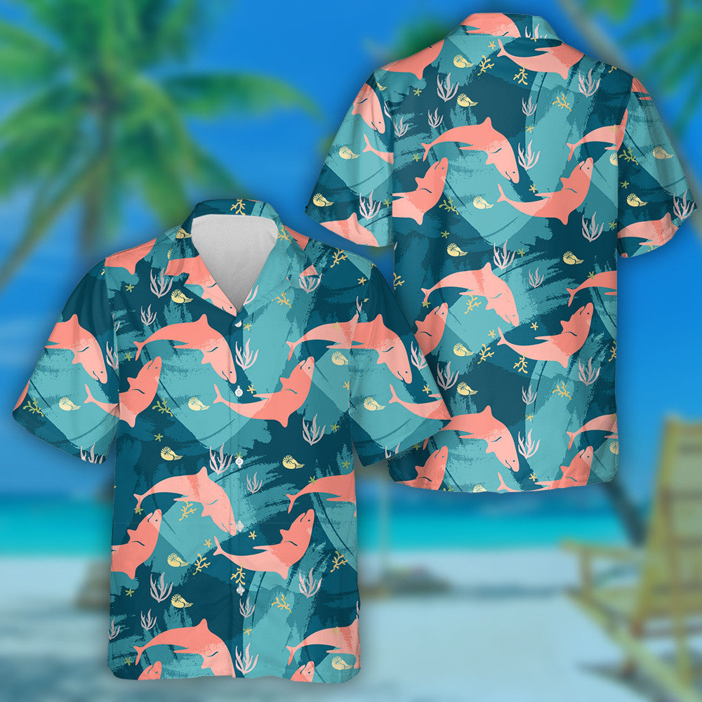 Sea Life Of Orange Shark Pattern On Blue Background Hawaiian Shirt, Hawaiian Shirt Gift, Christmas Gift
