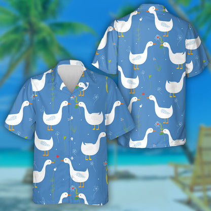 Hand Drawn Funny With Duck And Flower Hawaiian Shirt, Hawaiian Shirt Gift, Christmas Gift