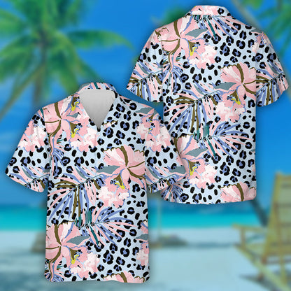 Rosa Orchidee mit Palmblättern auf Leopardenhintergrund Hawaiihemd, Hawaiihemd Geschenk, Weihnachtsgeschenk