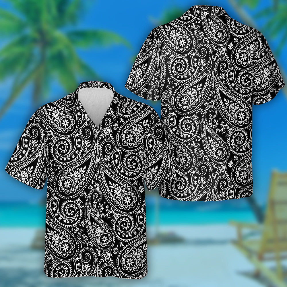 Black Background With Elegant Hand Drawn Paisley Pattern Hawaiian Shirt, Hawaiian Shirt Gift, Christmas Gift