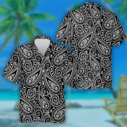 Black Background With Elegant Hand Drawn Paisley Pattern Hawaiian Shirt, Hawaiian Shirt Gift, Christmas Gift