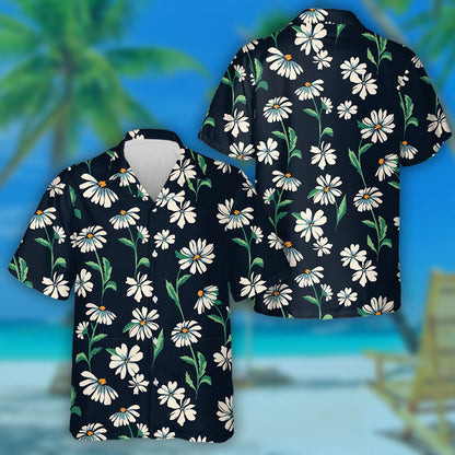 Cute Daisy Green Leaves Branches Hand Drawing Pattern Hawaiian Shirt, Hawaiian Shirt Gift, Christmas Gift