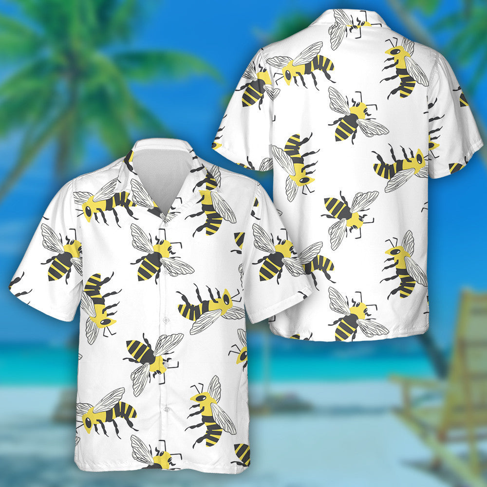 Black And Yellow Hand Drawn Flying Honey Bee Hawaiian Shirt, Hawaiian Shirt Gift, Christmas Gift