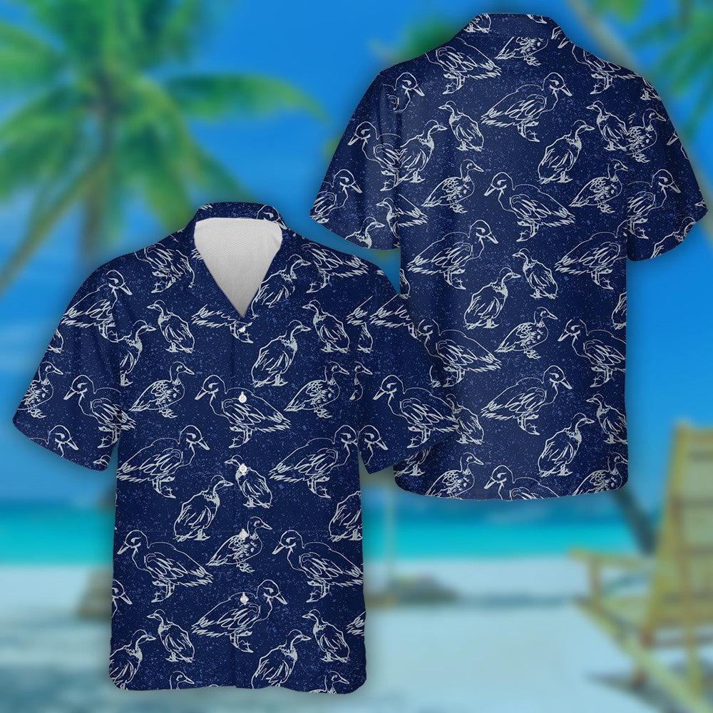 Hand Drawn Retro Cartoon Duck Walking Near Pond Hawaiian Shirt, Hawaiian Shirt Gift, Christmas Gift